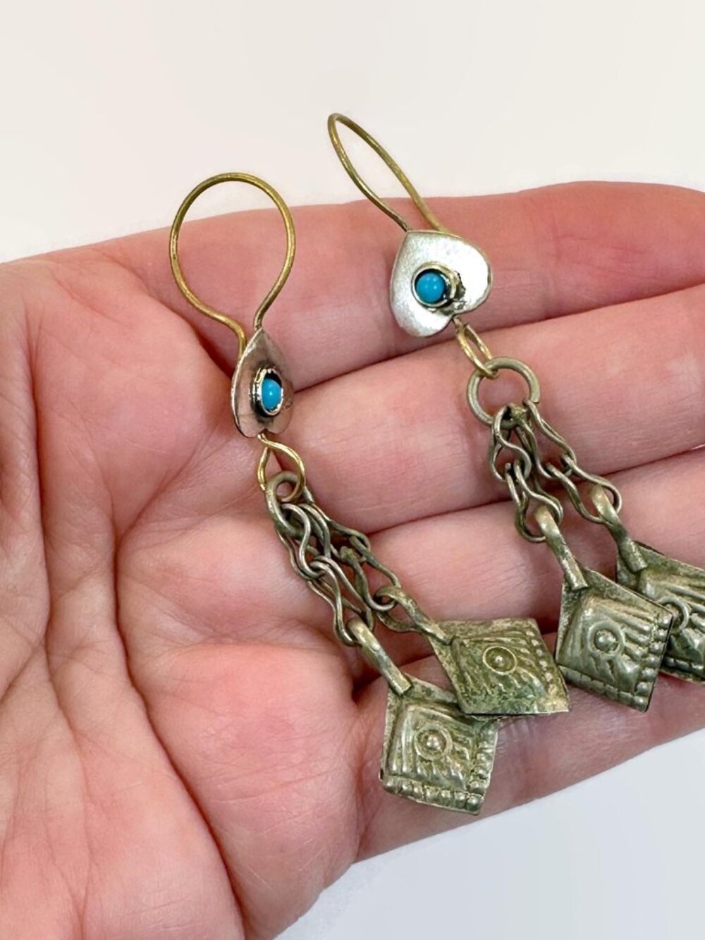 Vintage Boho Earrings, Chains, Afghan, 2 3/4" Long, Middle Eastern, Silver